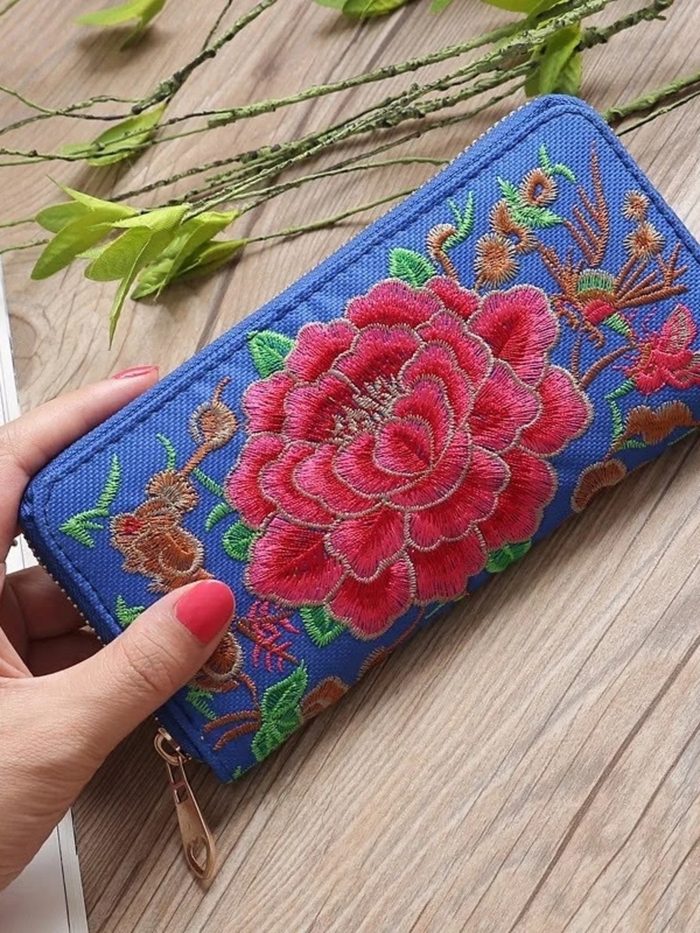 Blue Embroidered Floral Zip Wallet - Women's Bag